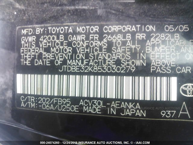 JTDBE32K853030279 - 2005 TOYOTA CAMRY LE/XLE/SE BLACK photo 9