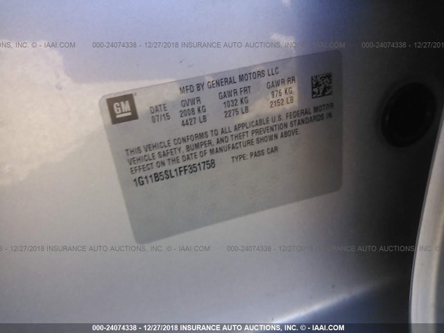 1G11B5SL1FF351758 - 2015 CHEVROLET MALIBU LS SILVER photo 9