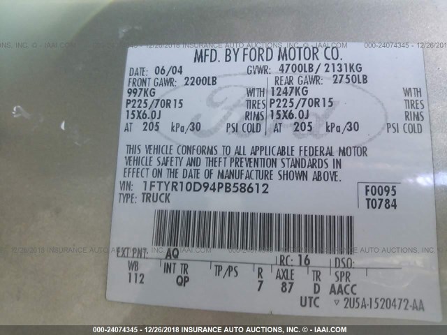 1FTYR10D94PB58612 - 2004 FORD RANGER GOLD photo 9