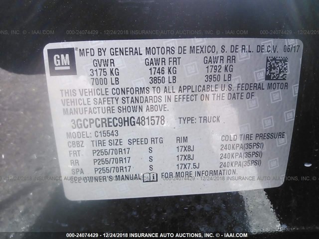 3GCPCREC9HG481578 - 2017 CHEVROLET SILVERADO C1500 LT BLACK photo 9