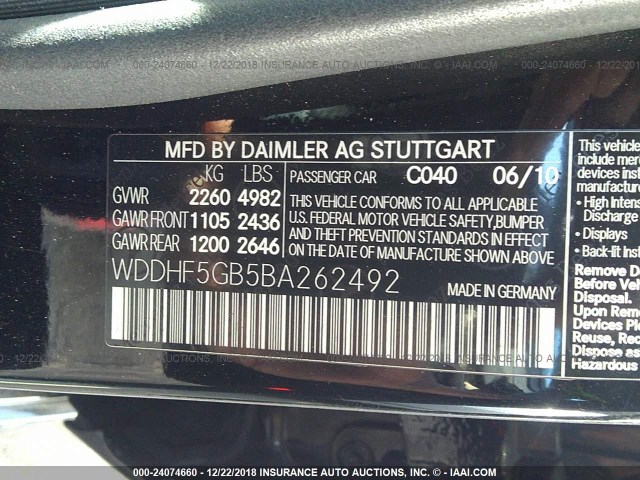 WDDHF5GB5BA262492 - 2011 MERCEDES-BENZ E 350 BLACK photo 9