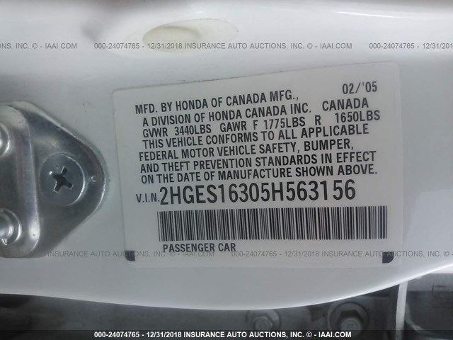 2HGES16305H563156 - 2005 HONDA CIVIC DX VP WHITE photo 9