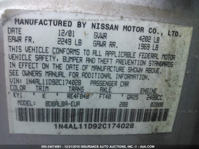 1N4AL11D92C174028 - 2002 NISSAN ALTIMA S/SL SILVER photo 9