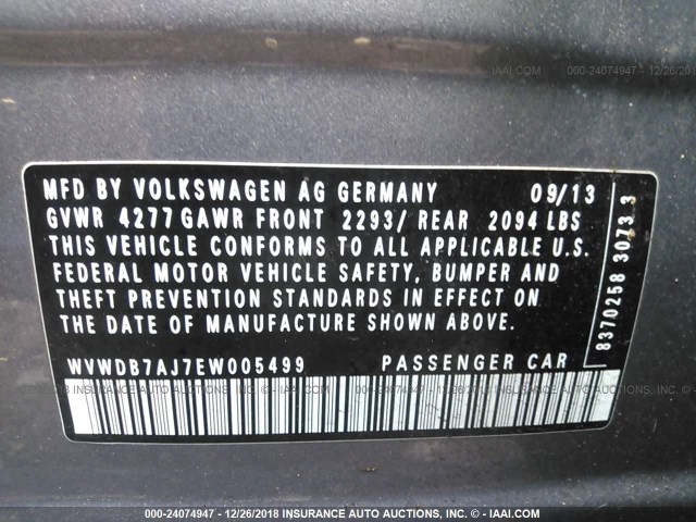 WVWDB7AJ7EW005499 - 2014 VOLKSWAGEN GOLF 灰色 照片 9