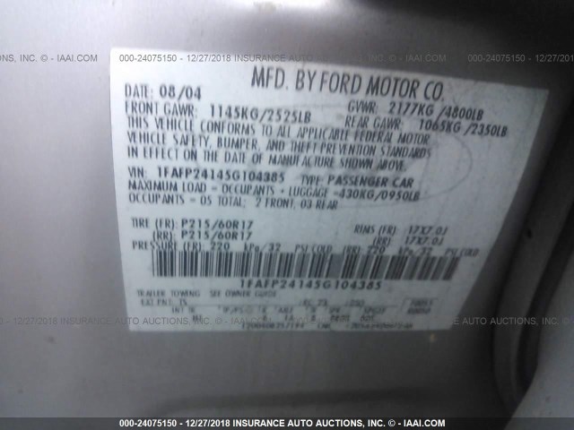 1FAFP24145G104385 - 2005 FORD FIVE HUNDRED SEL SILVER photo 9