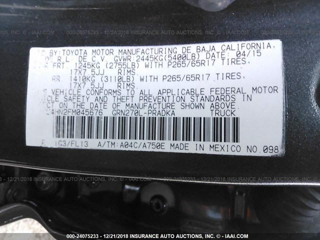 3TMKU4HN2FM045676 - 2015 TOYOTA TACOMA GRAY photo 9