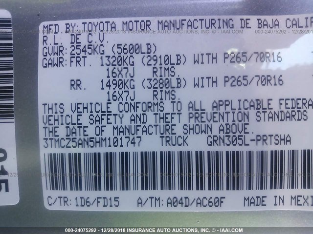 3TMCZ5AN5HM101747 - 2017 TOYOTA TACOMA DBL CAB/SR/TRDSPT/OR/PRO SILVER photo 9