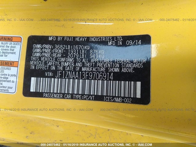 JF1ZNAA13F9706914 - 2015 TOYOTA SCION FR-S YELLOW photo 9