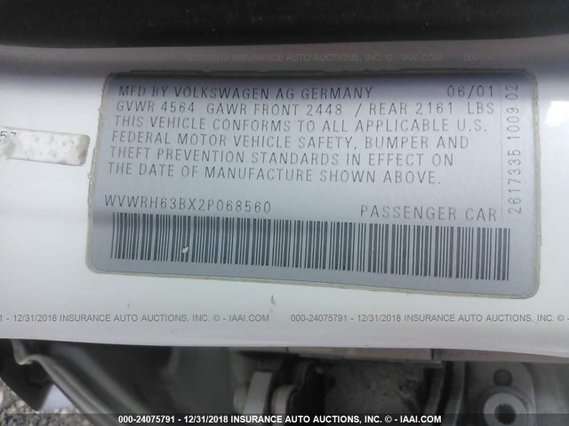 WVWRH63BX2P068560 - 2002 VOLKSWAGEN PASSAT GLX 白色 照片 9