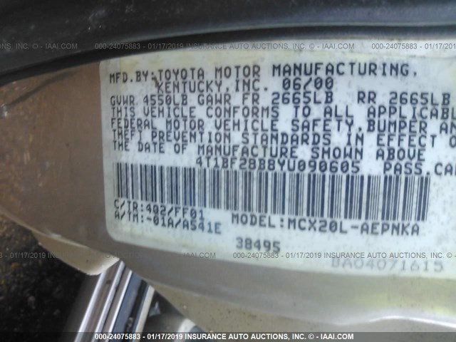 4T1BF28B8YU090605 - 2000 TOYOTA AVALON XL/XLS BEIGE photo 9