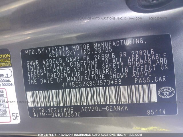 4T1BE32K85U573458 - 2005 TOYOTA CAMRY LE/XLE/SE GRAY photo 9