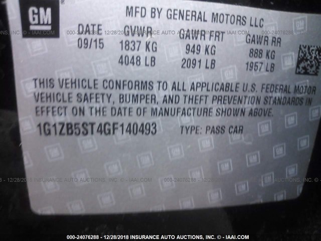 1G1ZB5ST4GF140493 - 2016 CHEVROLET MALIBU LS შავი ფოტო 9