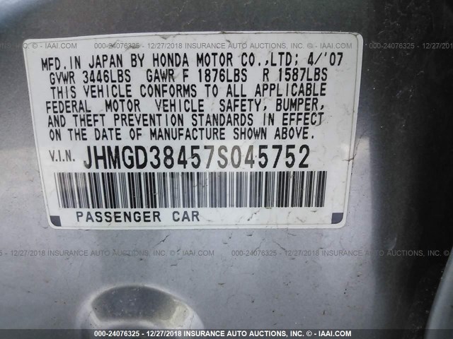 JHMGD38457S045752 - 2007 HONDA FIT GRAY photo 9