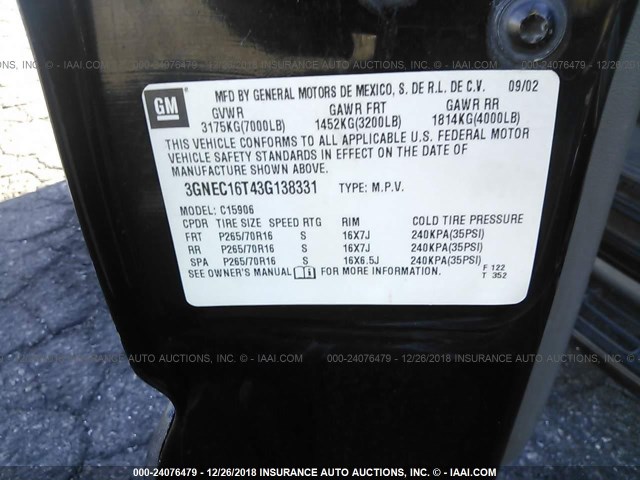 3GNEC16T43G138331 - 2003 CHEVROLET SUBURBAN C1500 BLACK photo 9