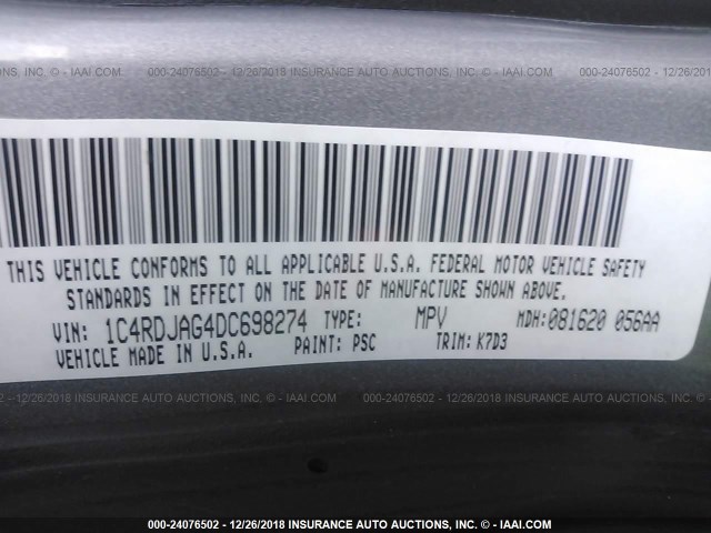 1C4RDJAG4DC698274 - 2013 DODGE DURANGO SXT GRAY photo 9