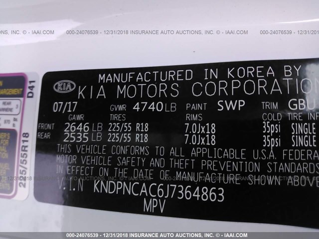 KNDPNCAC6J7364863 - 2018 KIA SPORTAGE EX WHITE photo 9