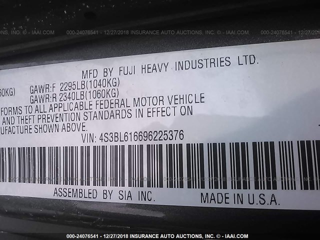 4S3BL616696225376 - 2009 SUBARU LEGACY 2.5I GRAY photo 9