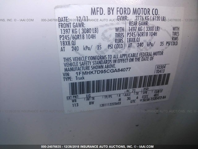 1FMHK7D95CGA84077 - 2012 FORD EXPLORER XLT WHITE photo 9