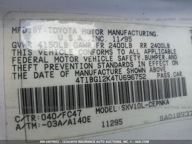 4T1BG12K4TU696752 - 1996 TOYOTA CAMRY DX/LE/XLE WHITE photo 9