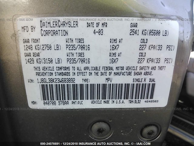 1J8GL38K23W683892 - 2003 JEEP LIBERTY RENEGADE 棕色 照片 9