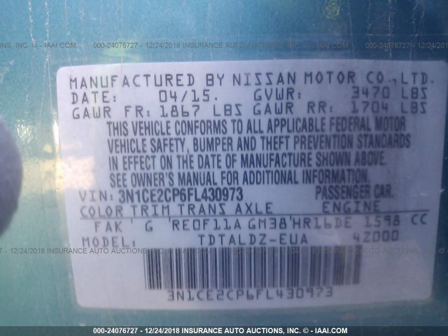 3N1CE2CP6FL430973 - 2015 NISSAN VERSA NOTE S/S PLUS/SV/SL/SR Light Blue photo 9