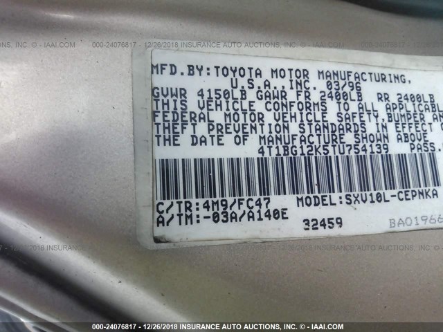 4T1BG12K5TU754139 - 1996 TOYOTA CAMRY DX/LE/XLE Champagne photo 9