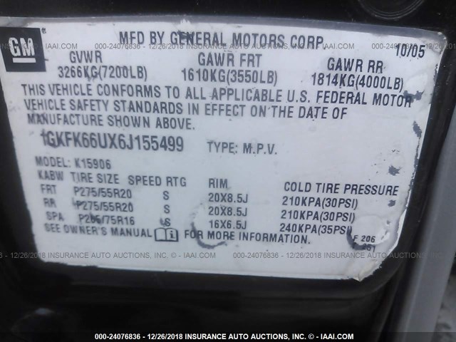 1GKFK66UX6J155499 - 2006 GMC YUKON XL DENALI BLACK photo 9