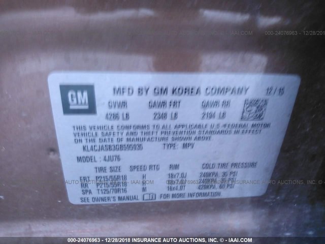 KL4CJASB3GB595935 - 2016 BUICK ENCORE GOLD photo 9