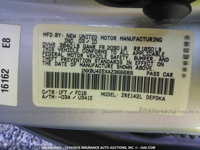 1NXBU4EEXAZ366689 - 2010 TOYOTA COROLLA S/LE/XLE SILVER photo 9