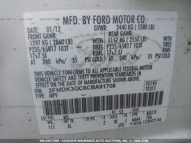 2FMDK3GC8CBA91708 - 2012 FORD EDGE SE WHITE photo 9