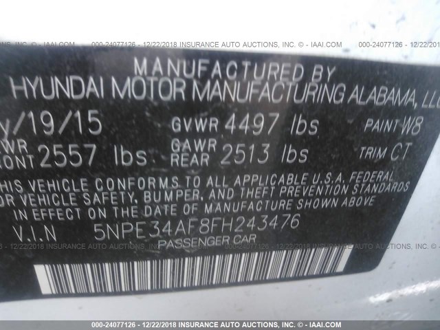 5NPE34AF8FH243476 - 2015 HYUNDAI SONATA SPORT/LIMITED WHITE photo 9