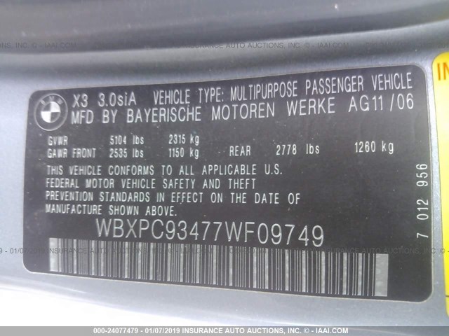 WBXPC93477WF09749 - 2007 BMW X3 3.0SI SILVER photo 9