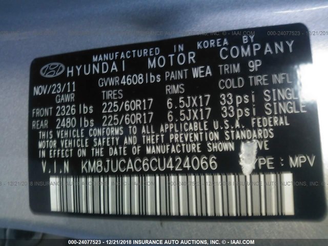 KM8JUCAC6CU424066 - 2012 HYUNDAI TUCSON GLS/LIMITED ვერცხლისფერი ფოტო 9