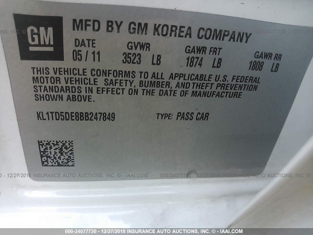 KL1TD5DE8BB247849 - 2011 CHEVROLET AVEO LS/LT Սպիտակ լուսանկար 9