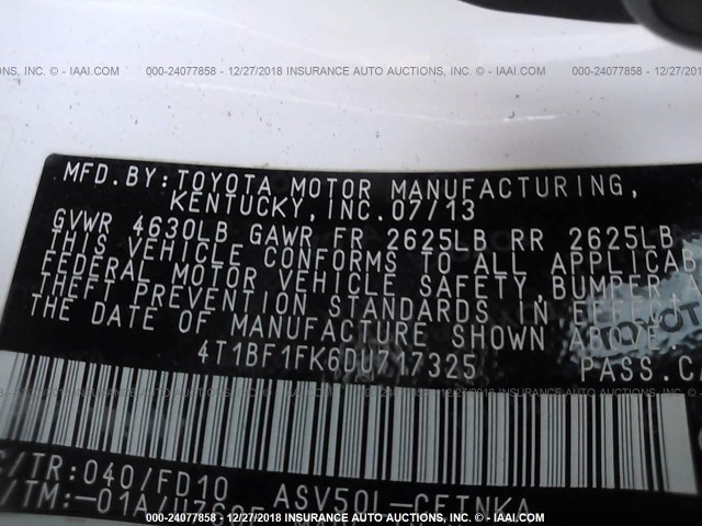 4T1BF1FK6DU717325 - 2013 TOYOTA CAMRY L/SE/LE/XLE 白色 照片 9