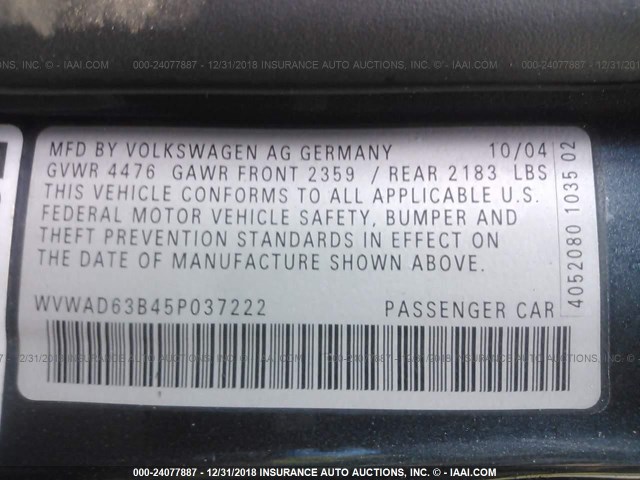 WVWAD63B45P037222 - 2005 VOLKSWAGEN PASSAT GLS BLUE photo 9