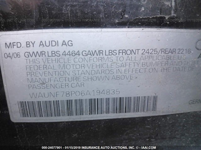 WAUNF78P06A194835 - 2006 AUDI A3 2.0 PREMIUM BLACK photo 9