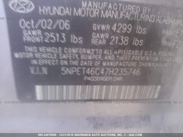 5NPET46C47H235746 - 2007 HYUNDAI SONATA GLS SILVER photo 9