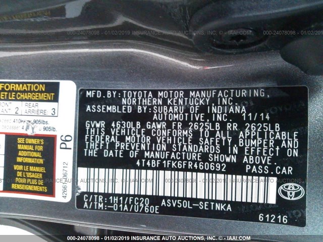 4T4BF1FK6FR460692 - 2015 TOYOTA CAMRY LE/XLE/SE/XSE GRAY photo 9