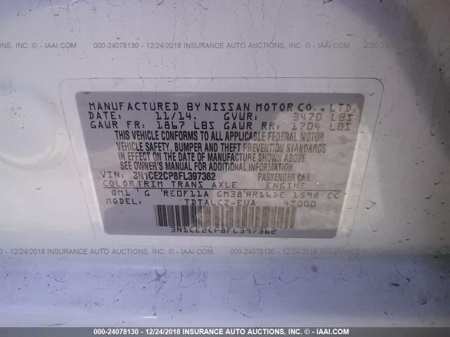 3N1CE2CP8FL397362 - 2015 NISSAN VERSA NOTE S/S PLUS/SV/SL/SR WHITE photo 9