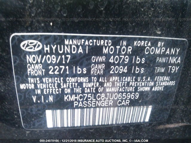 KMHC75LC8JU065969 - 2018 HYUNDAI IONIQ SEL BLACK photo 9