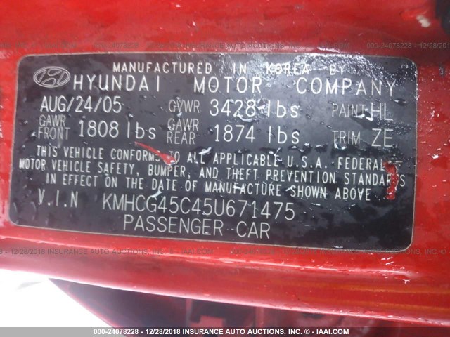 KMHCG45C45U671475 - 2005 HYUNDAI ACCENT GL RED photo 9