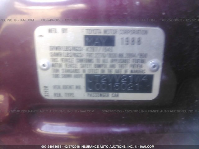 JT2VV21W4J0015021 - 1988 TOYOTA CAMRY DLX მუქწითელი ფოტო 9