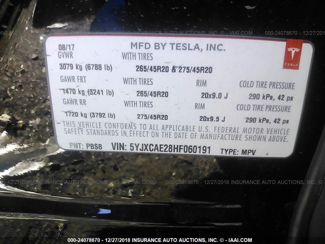 5YJXCAE28HF060191 - 2017 TESLA MODEL X BLACK photo 9