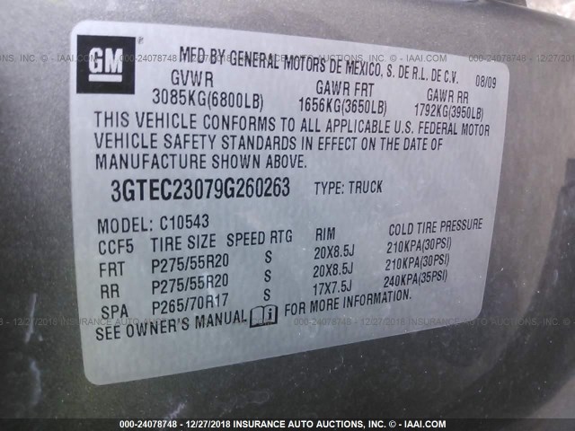 3GTEC23079G260263 - 2009 GMC SIERRA C1500 SLE BEIGE photo 9