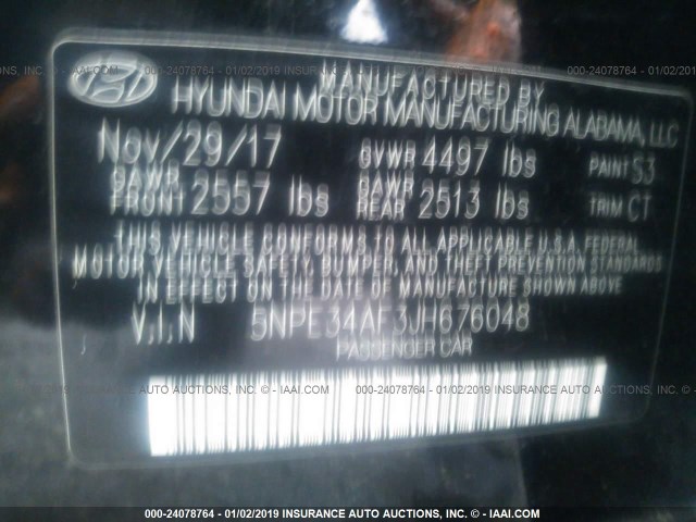 5NPE34AF3JH676048 - 2018 HYUNDAI SONATA SPORT/LIMITED BLACK photo 9