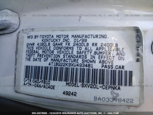 4T1BG22K9XU493481 - 1999 TOYOTA CAMRY CE/LE/XLE WHITE photo 9