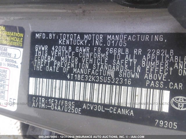 4T1BE32K35U532316 - 2005 TOYOTA CAMRY LE/XLE/SE GRAY photo 9