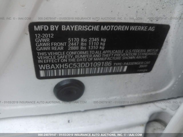 WBAXH5C53DD109186 - 2013 BMW 528 XI WHITE photo 9