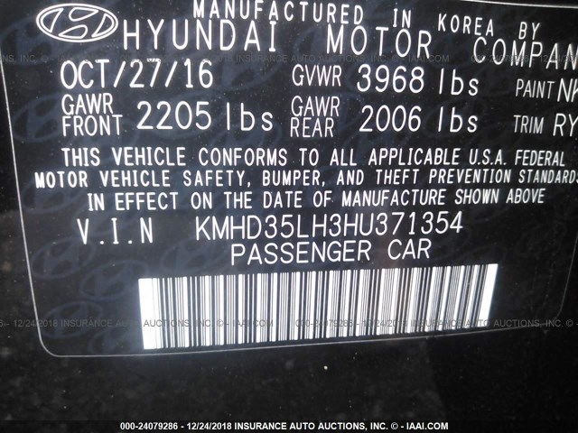 KMHD35LH3HU371354 - 2017 HYUNDAI ELANTRA GT BLACK photo 9